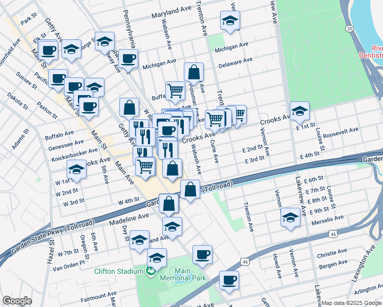 map of restaurants, bars, coffee shops, grocery stores, and more near 357 East 1st Street in Clifton