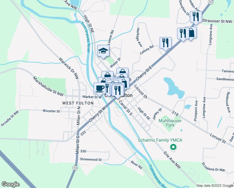 map of restaurants, bars, coffee shops, grocery stores, and more near 139 Canal Street North in Canal Fulton