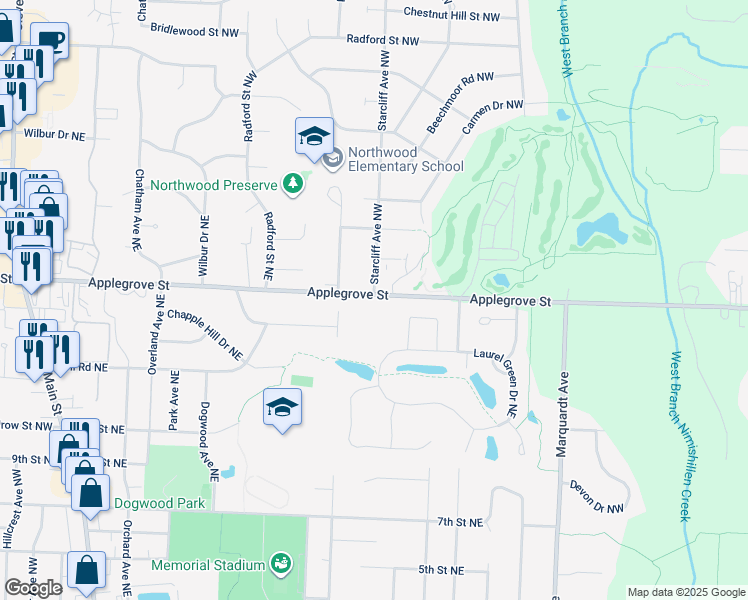 map of restaurants, bars, coffee shops, grocery stores, and more near 850 Applegrove Street in North Canton