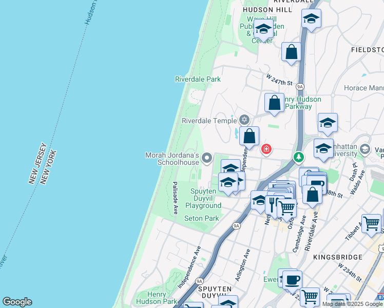 map of restaurants, bars, coffee shops, grocery stores, and more near 4483 Douglas Avenue in The Bronx