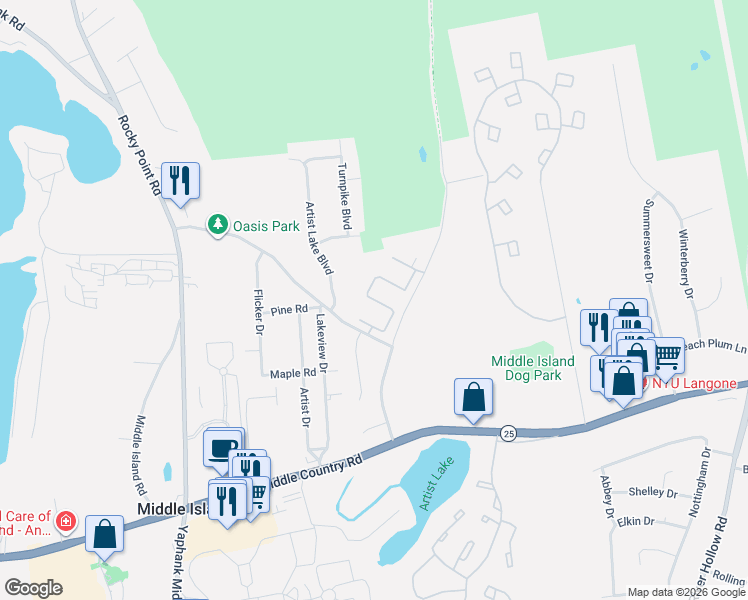 map of restaurants, bars, coffee shops, grocery stores, and more near 65 Bailey Court in Middle Island