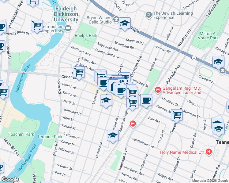 map of restaurants, bars, coffee shops, grocery stores, and more near 509 Cedar Lane in Teaneck