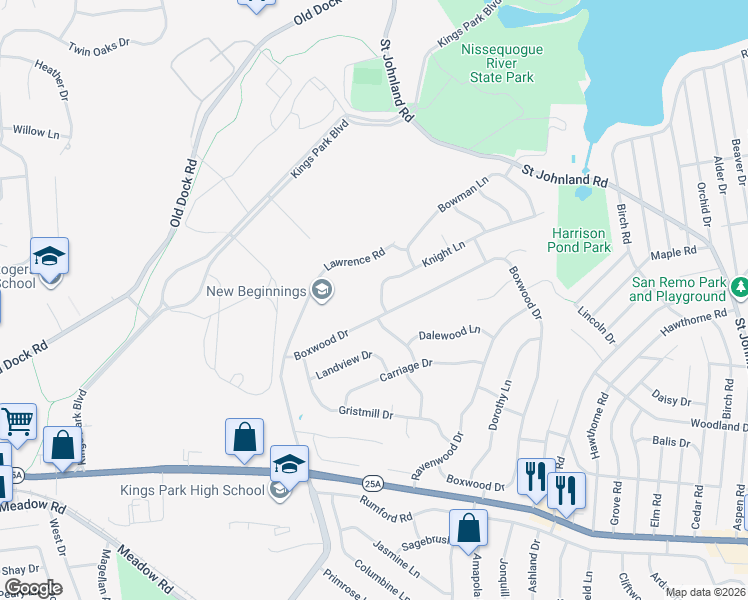 map of restaurants, bars, coffee shops, grocery stores, and more near 63 Knight Lane in Kings Park
