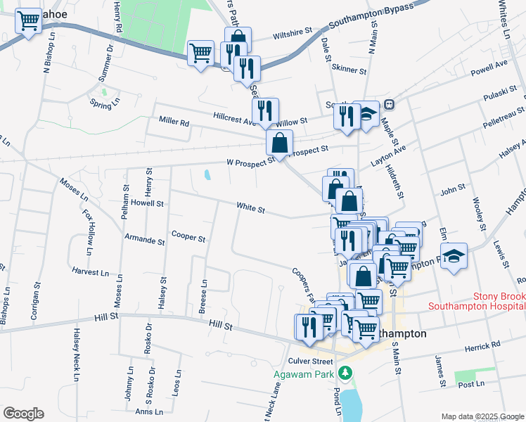 map of restaurants, bars, coffee shops, grocery stores, and more near 131 White St in Southampton