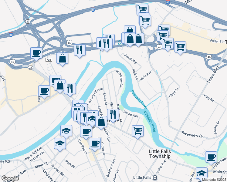map of restaurants, bars, coffee shops, grocery stores, and more near 71 Parkway in Little Falls