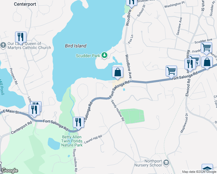 map of restaurants, bars, coffee shops, grocery stores, and more near 48 Milland Drive in Northport