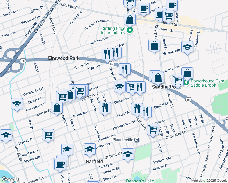 map of restaurants, bars, coffee shops, grocery stores, and more near 75 Alpine Street in Garfield