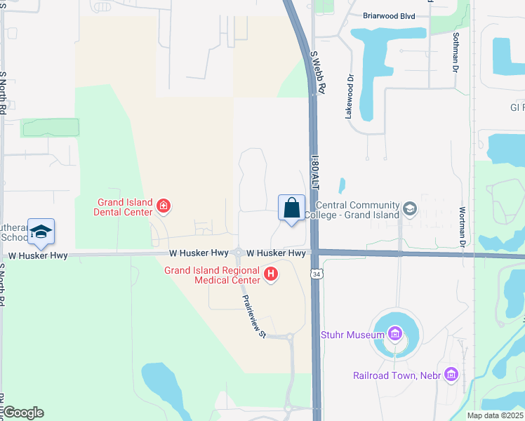 map of restaurants, bars, coffee shops, grocery stores, and more near Lakeview Circle in Grand Island