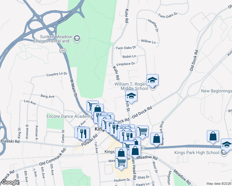 map of restaurants, bars, coffee shops, grocery stores, and more near 2 Kohr Road in Kings Park