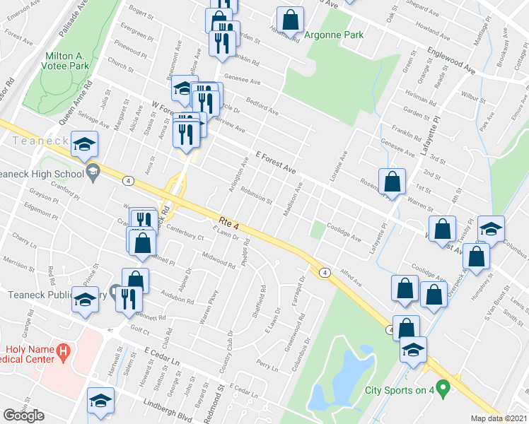 map of restaurants, bars, coffee shops, grocery stores, and more near 1112 Tuxedo Square in Teaneck