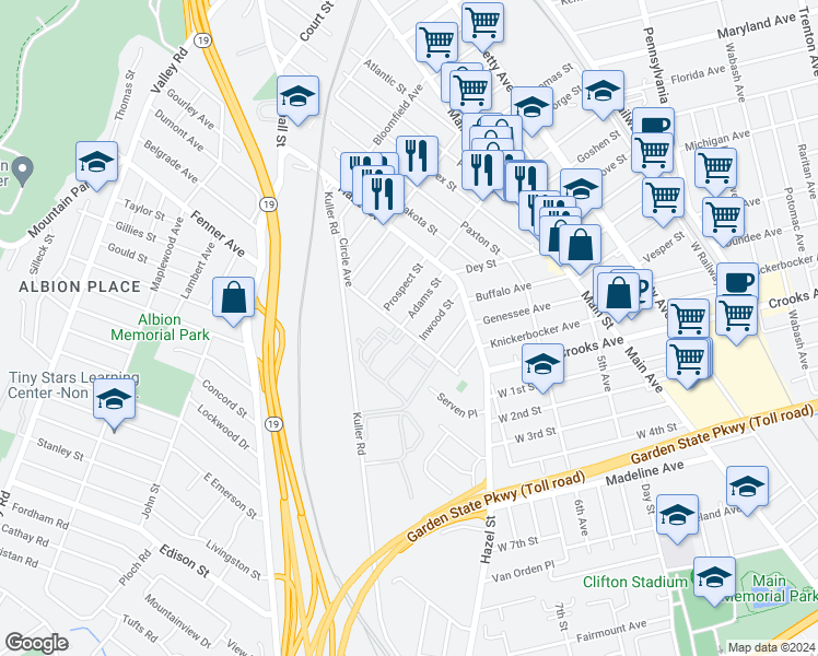 map of restaurants, bars, coffee shops, grocery stores, and more near 59 Adams Street in Clifton