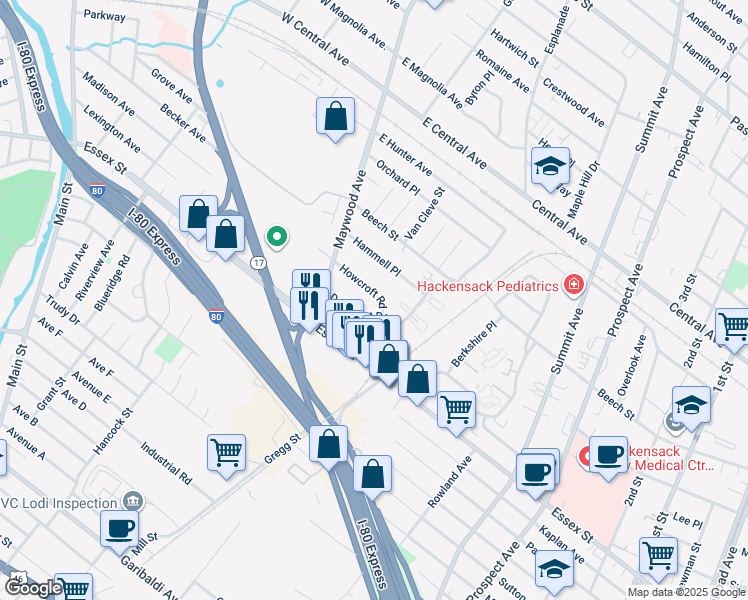 map of restaurants, bars, coffee shops, grocery stores, and more near 72 Howcroft Road in Maywood