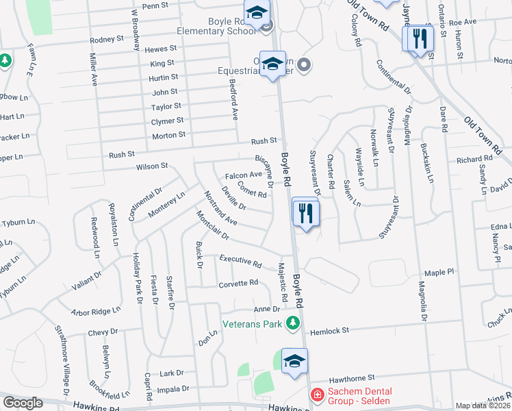 map of restaurants, bars, coffee shops, grocery stores, and more near 15 Deville Drive in Selden