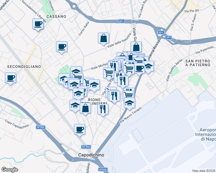 map of restaurants, bars, coffee shops, grocery stores, and more near 168 Via del Monte Faito in Naples