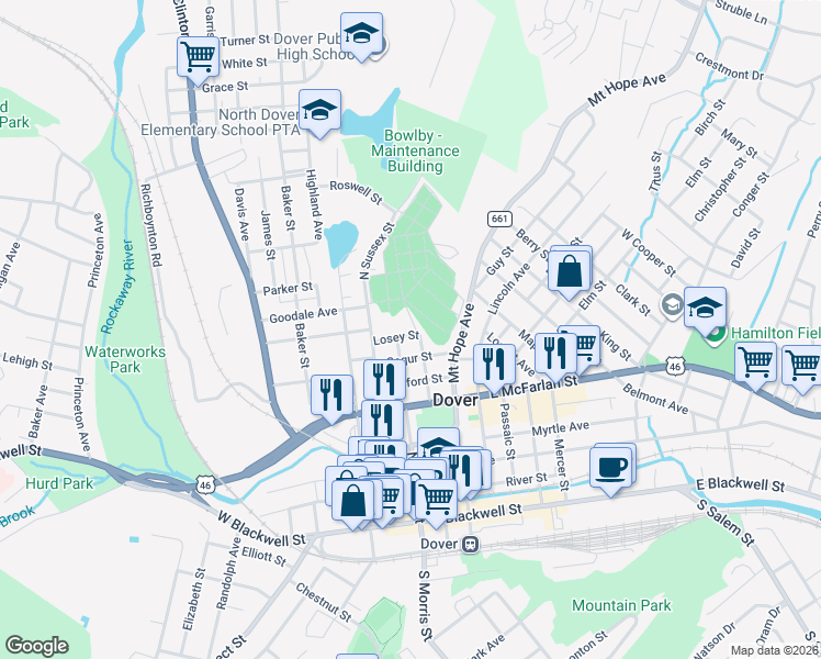 map of restaurants, bars, coffee shops, grocery stores, and more near 27 Losey Street in Dover