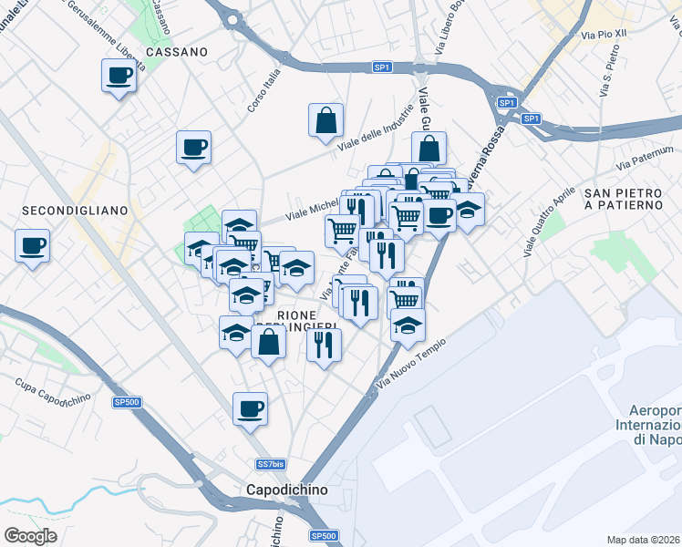 map of restaurants, bars, coffee shops, grocery stores, and more near 168 Via Monte Faito in Napoli