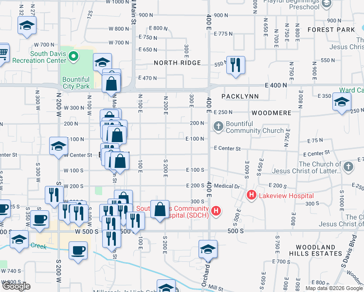 map of restaurants, bars, coffee shops, grocery stores, and more near 260 East 100 North in Bountiful