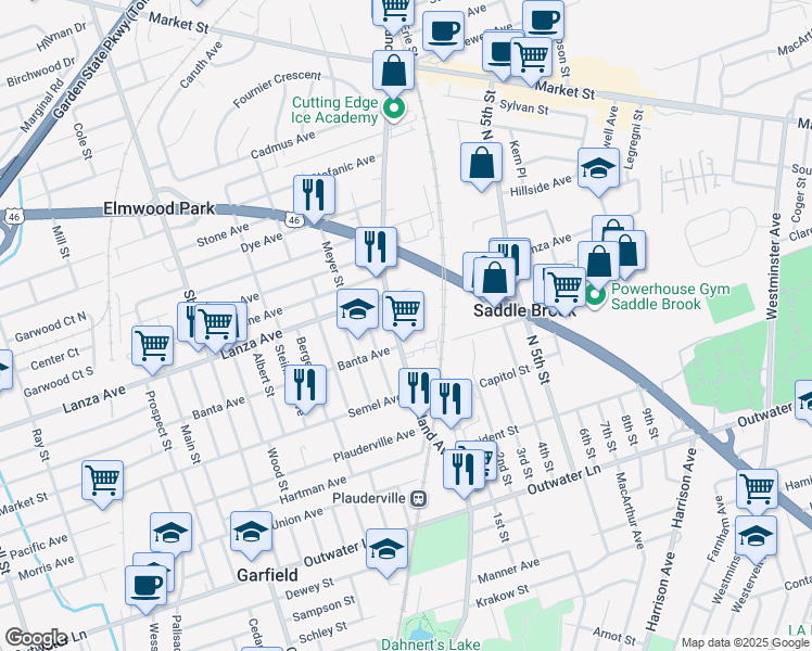 map of restaurants, bars, coffee shops, grocery stores, and more near 186 Midland Avenue in Garfield