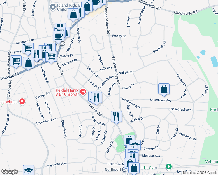 map of restaurants, bars, coffee shops, grocery stores, and more near 5 Pauline Place in East Northport