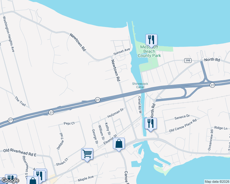 map of restaurants, bars, coffee shops, grocery stores, and more near 29 Newtown Road in Hampton Bays