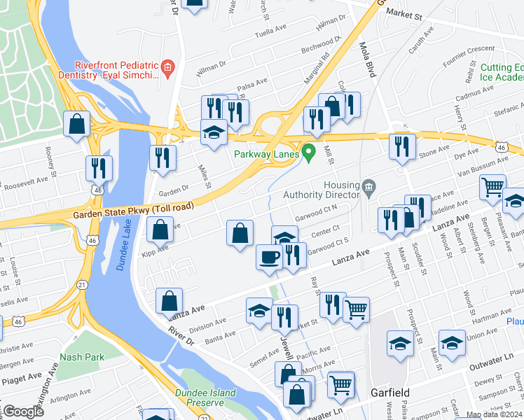map of restaurants, bars, coffee shops, grocery stores, and more near 157 Kipp Avenue in Elmwood Park