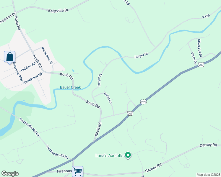 map of restaurants, bars, coffee shops, grocery stores, and more near 125 Robin Lane in Kunkletown