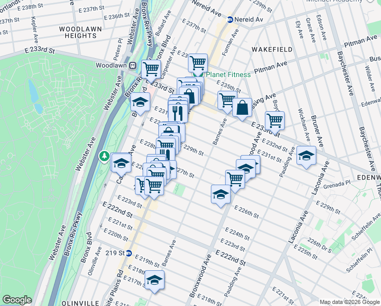 map of restaurants, bars, coffee shops, grocery stores, and more near 754 East 229th Street in The Bronx