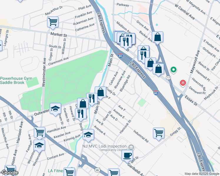 map of restaurants, bars, coffee shops, grocery stores, and more near 7 Trudy Drive in Lodi