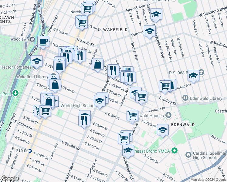 map of restaurants, bars, coffee shops, grocery stores, and more near 929 East 231st Street in The Bronx