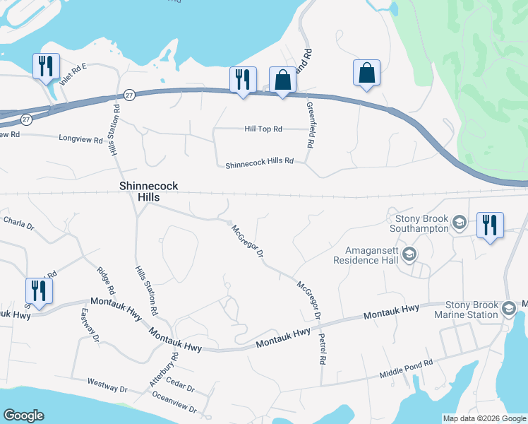 map of restaurants, bars, coffee shops, grocery stores, and more near 82 McGregor Drive in Southampton