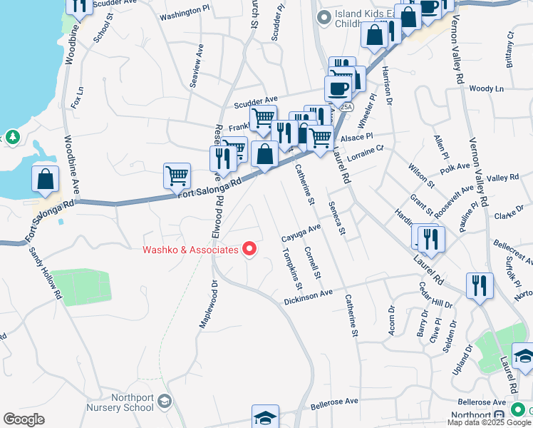 map of restaurants, bars, coffee shops, grocery stores, and more near 36 Tompkins Street in East Northport