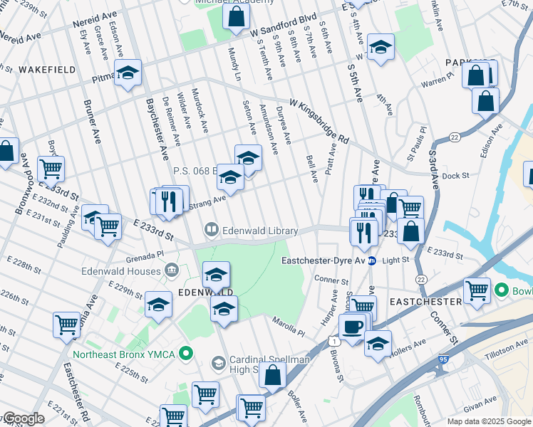 map of restaurants, bars, coffee shops, grocery stores, and more near 3938 Monticello Avenue in Bronx