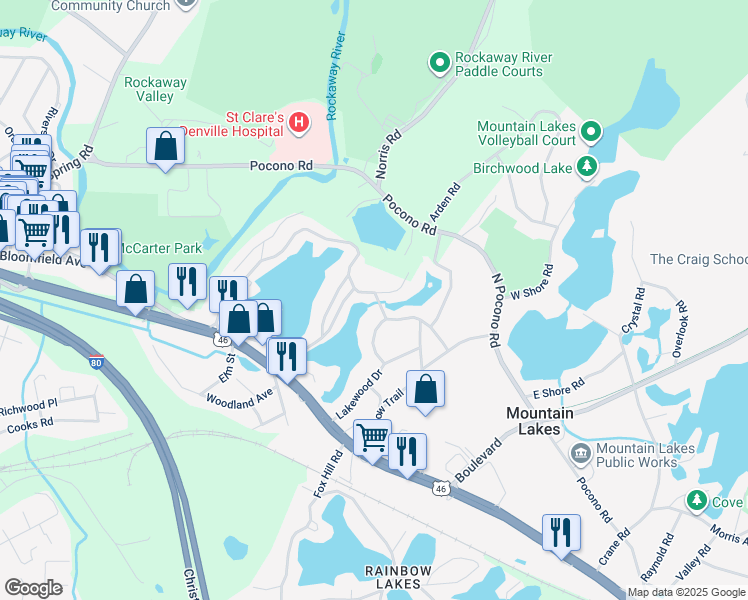 map of restaurants, bars, coffee shops, grocery stores, and more near 122 Lakewood Drive in Denville