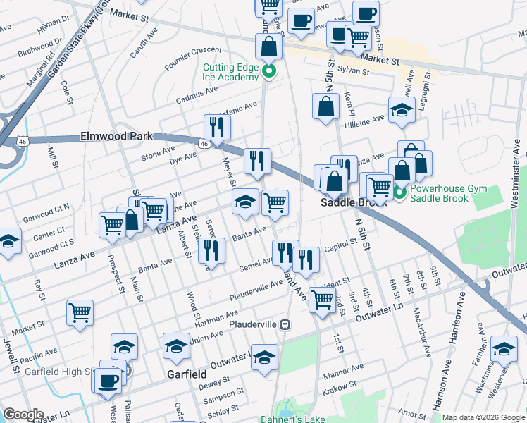 map of restaurants, bars, coffee shops, grocery stores, and more near 66 Davison Street in Garfield