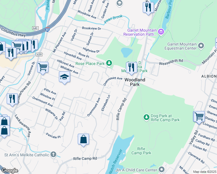 map of restaurants, bars, coffee shops, grocery stores, and more near 200 D Overmount Avenue in Woodland Park