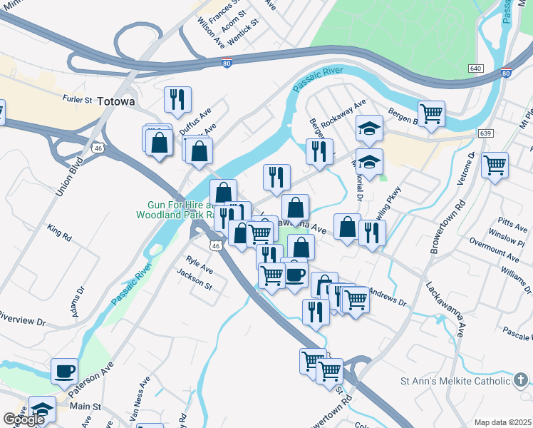 map of restaurants, bars, coffee shops, grocery stores, and more near 71 Lackawanna Avenue in Woodland Park