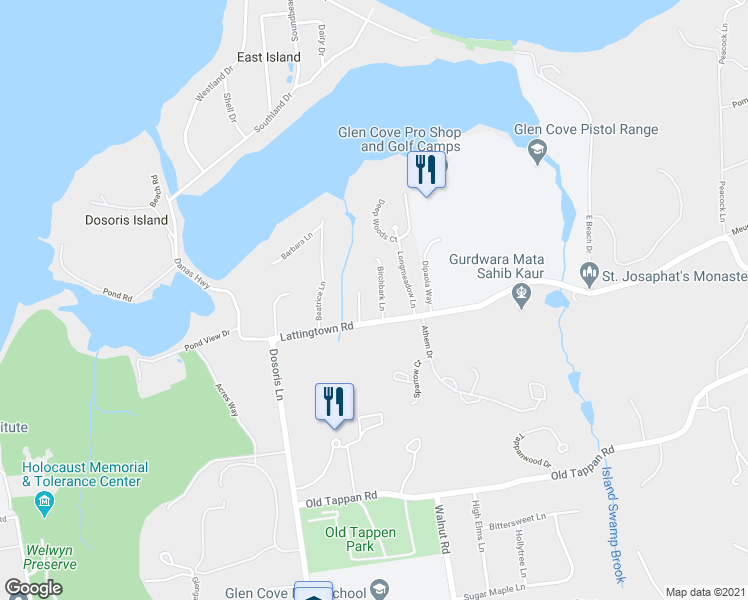 map of restaurants, bars, coffee shops, grocery stores, and more near 3 Birchbark Lane in Glen Cove