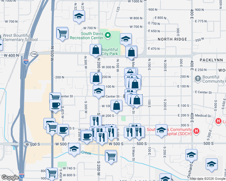 map of restaurants, bars, coffee shops, grocery stores, and more near 129 West 100 North in Bountiful