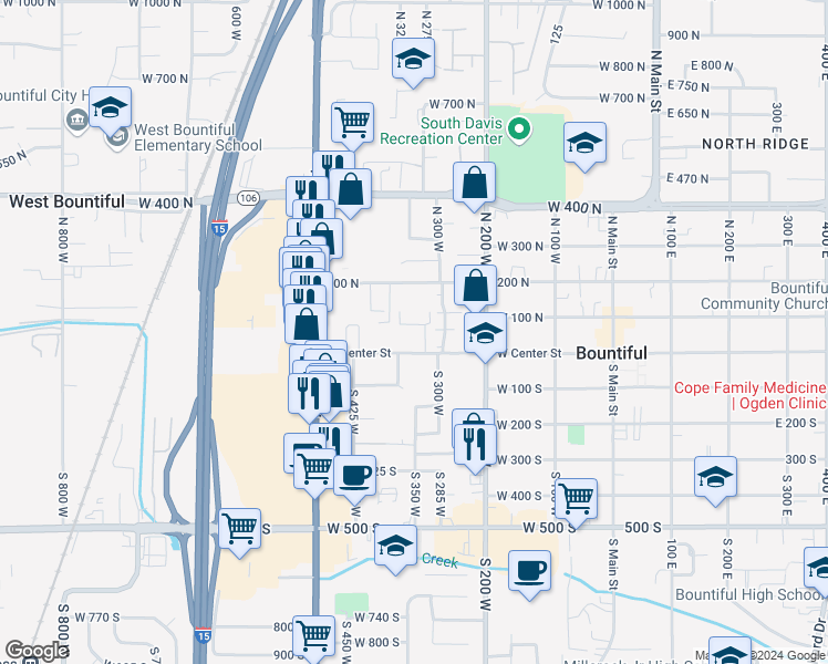 map of restaurants, bars, coffee shops, grocery stores, and more near 314 West Center Street in Bountiful