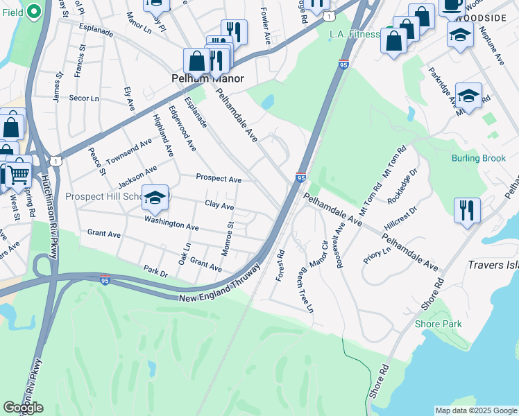map of restaurants, bars, coffee shops, grocery stores, and more near 1118 Clay Avenue in Pelham Manor
