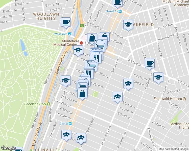 map of restaurants, bars, coffee shops, grocery stores, and more near in The Bronx