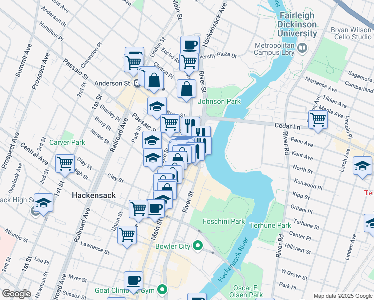 map of restaurants, bars, coffee shops, grocery stores, and more near in Hackensack