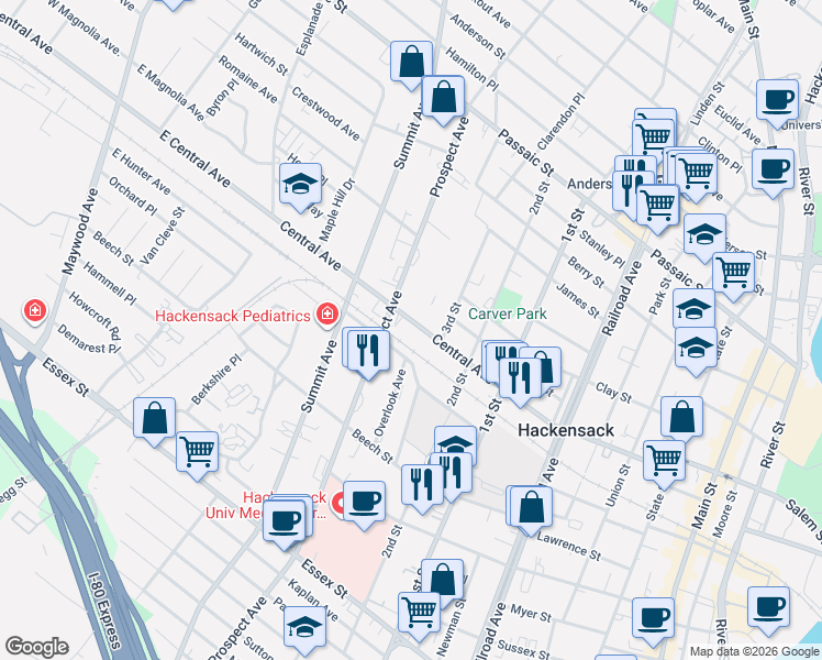 map of restaurants, bars, coffee shops, grocery stores, and more near 212 Prospect Avenue in Hackensack
