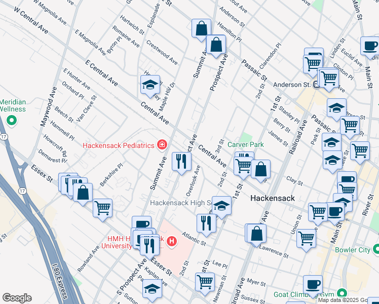 map of restaurants, bars, coffee shops, grocery stores, and more near in Hackensack