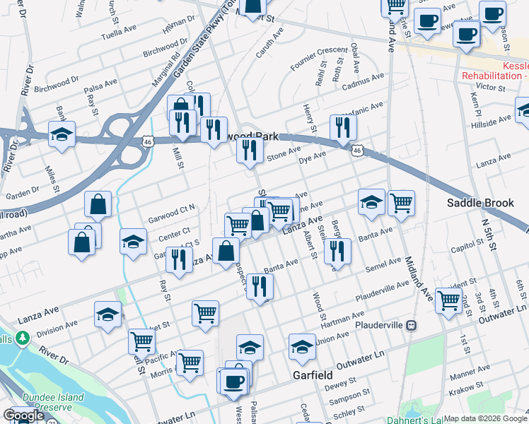 map of restaurants, bars, coffee shops, grocery stores, and more near 217 Shaw Street in Garfield
