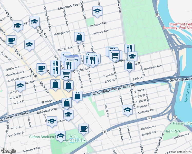 map of restaurants, bars, coffee shops, grocery stores, and more near 122 East 2nd Street in Clifton