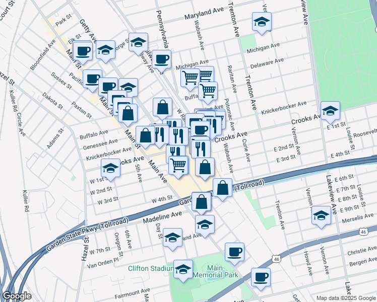 map of restaurants, bars, coffee shops, grocery stores, and more near 471 Crooks Avenue in Clifton