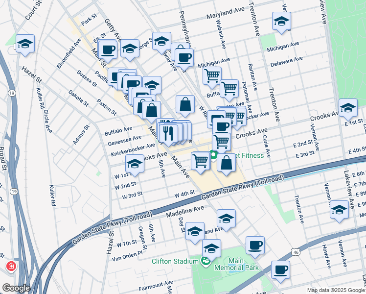 map of restaurants, bars, coffee shops, grocery stores, and more near 131 Crooks Avenue in Paterson