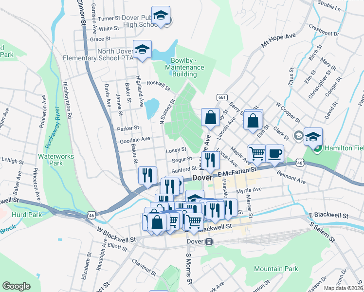 map of restaurants, bars, coffee shops, grocery stores, and more near 27 Losey Street in Dover