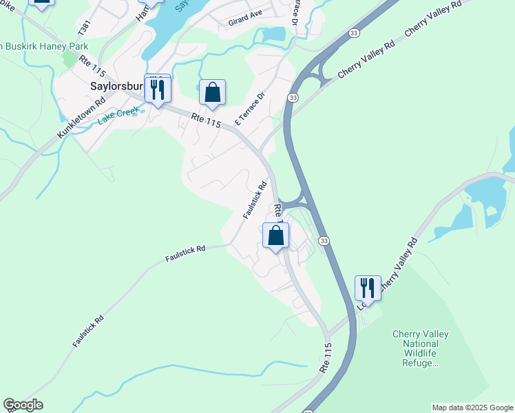 map of restaurants, bars, coffee shops, grocery stores, and more near 904 Faulstick Road in Saylorsburg